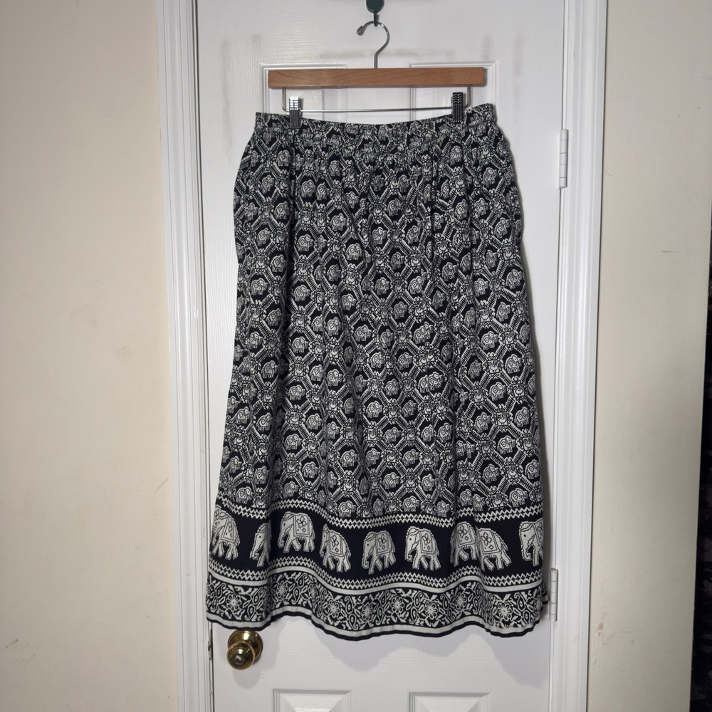 Vermont Country Store Elephant Print Skirt Medium Black White Cotton Boho Midi
